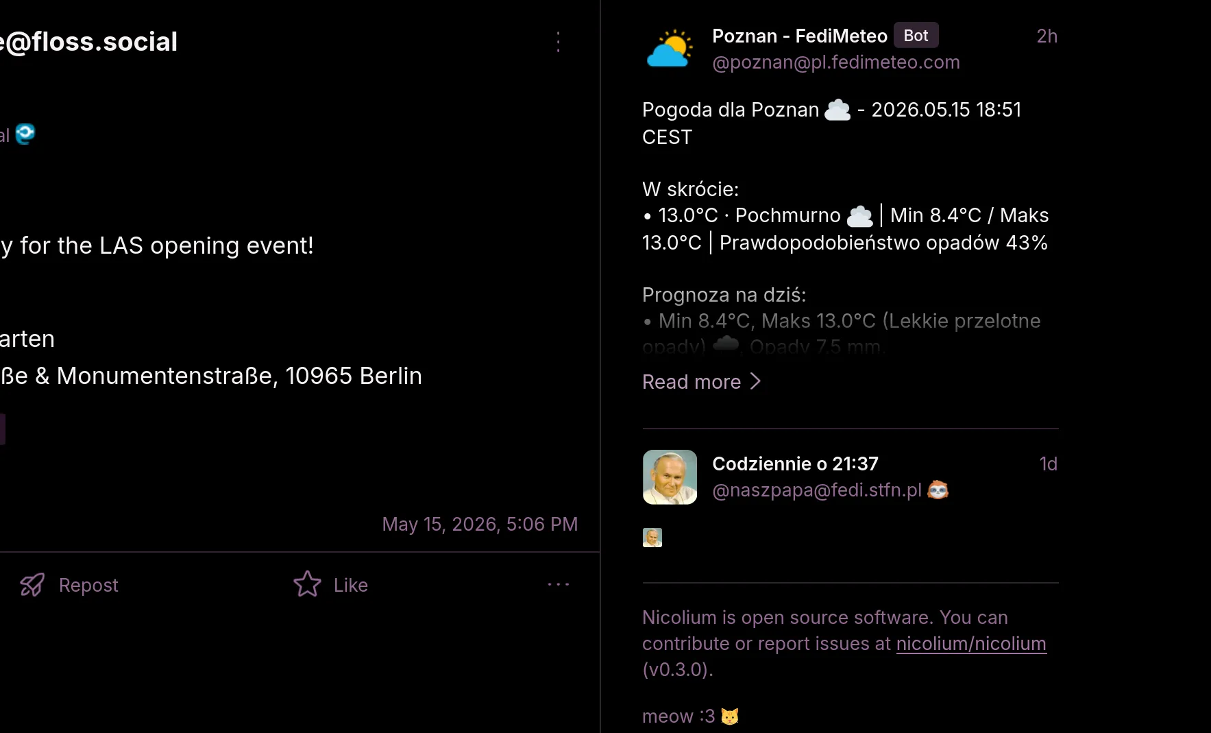 Screenshot of Nicolium interface including a sidebar that displays the most recent post from Poznań FediMeteo profile and a silly bot that just sends a papaj emoji every day.