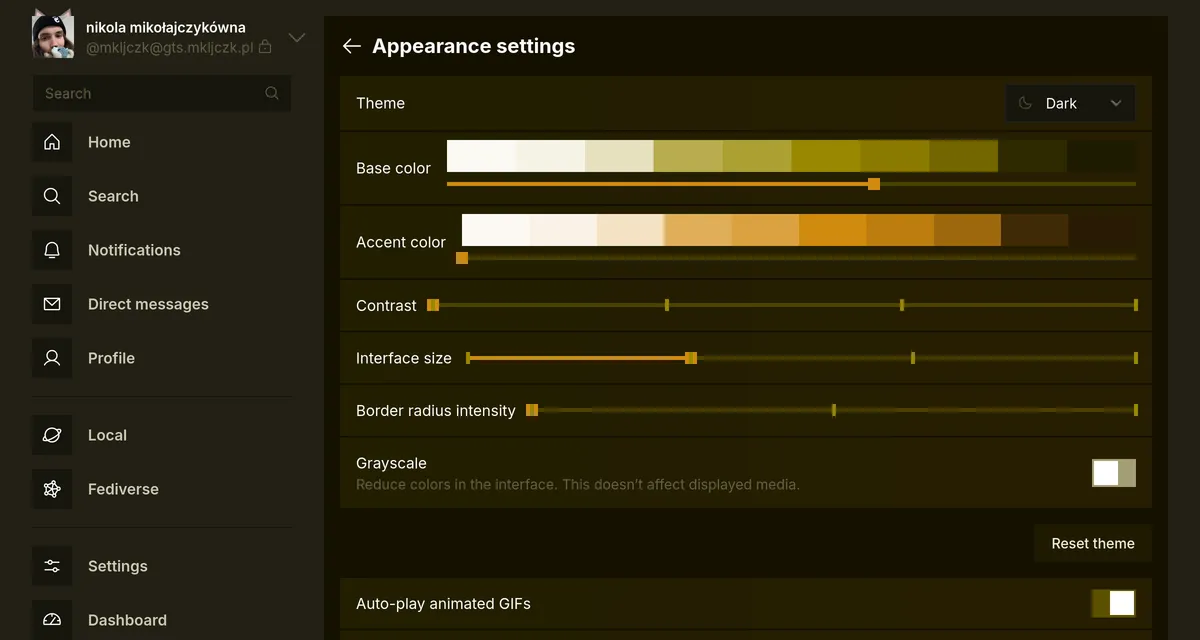 Screenshot showing the Appearance section of settings, with theme selector, base and accent color slider, contrast slider, interface size and border intensity sliders and grayscale toggle
