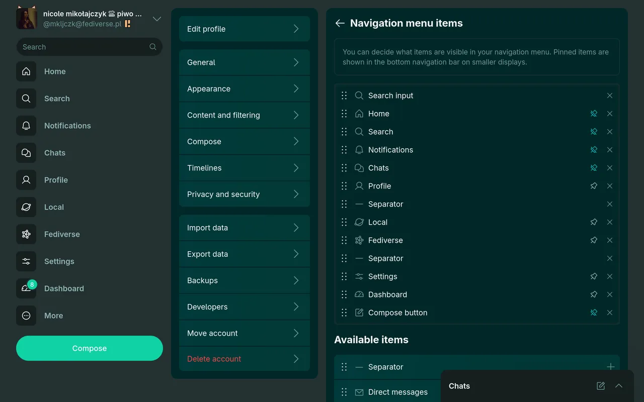 Screenshot showing the new settings page layout and a navigation menu customization page